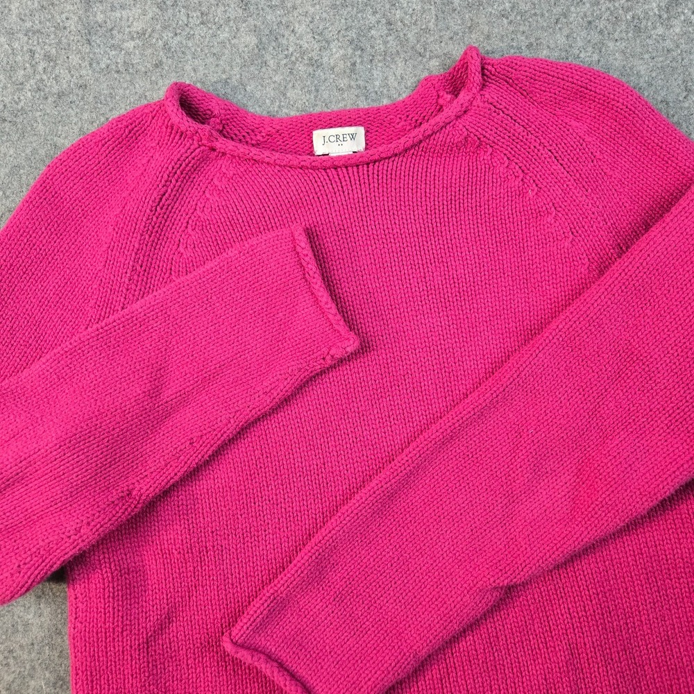 J Crew Roll Neck Sweater Womens M Hot Pink Knit 100% Cotton Fisherman Preppy